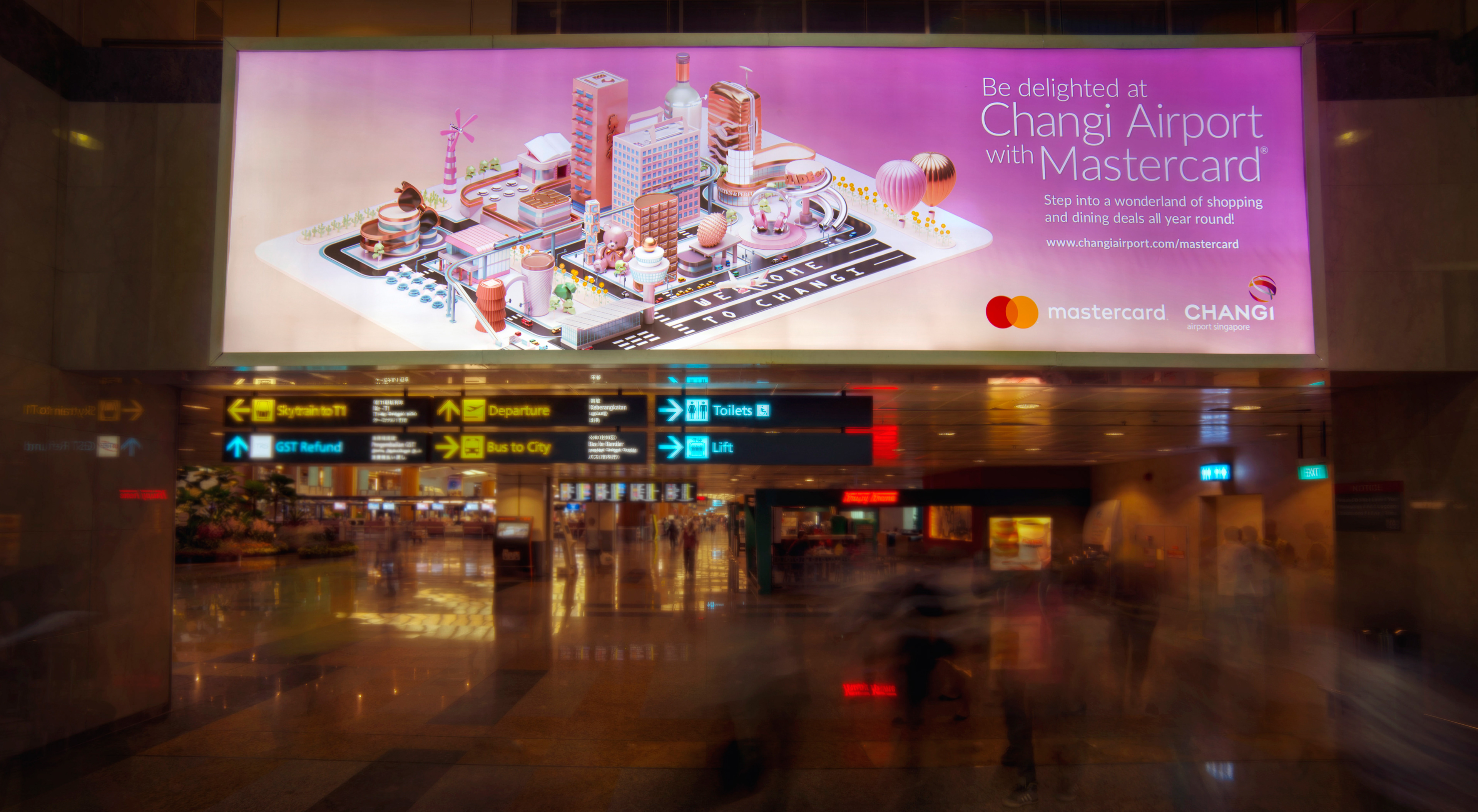Hoarding / billboard in Changi Airport. Campaign visual for a Mastercard and Changi Airport promotion.
