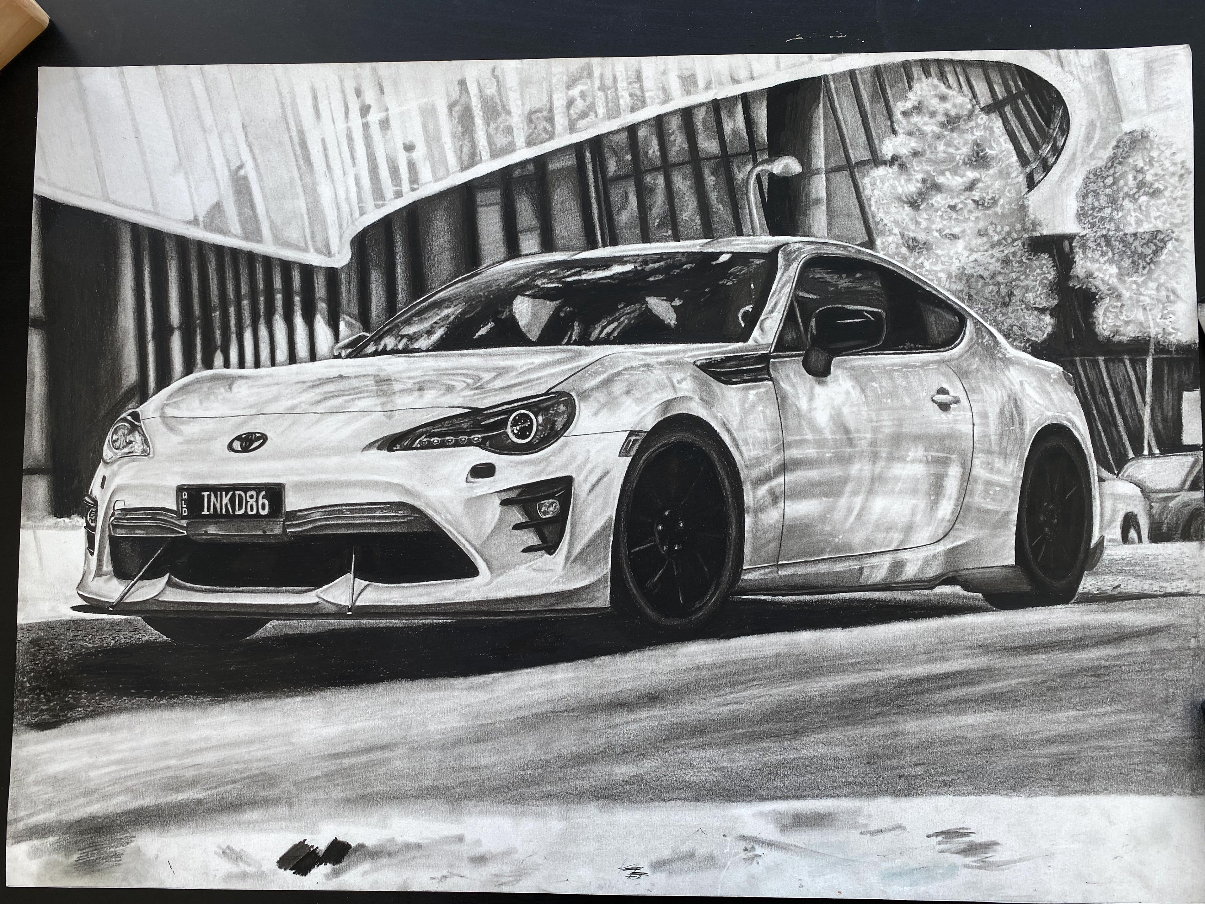 Toyota 86 - carbon pencil on A2 Cardstock.