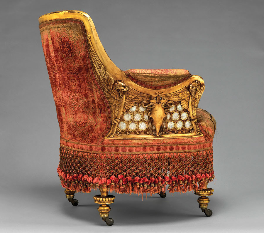 Herter Brothers (1864–1906), Armchair from the drawing room of the William H. Vanderbilt House, New York City, 1879–1882. Gilded wood with mother-of-pearl, original cut and voided silk velvet upholstery. 33-1/2 x 27 x 28 in. The Metropolitan Museum of Art; Purchase, Barrie A. and Deedee Wigmore Foundation Gift
