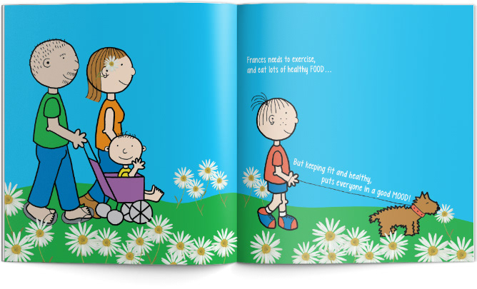 Internal spread of children's book showing full bleed illustration of Frances and her family exercising by walking the family dog.
