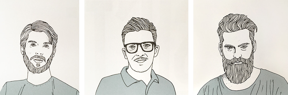 Von hand gezeichnete illustrierte Porträts von drei Männern für Magazin / Editorial