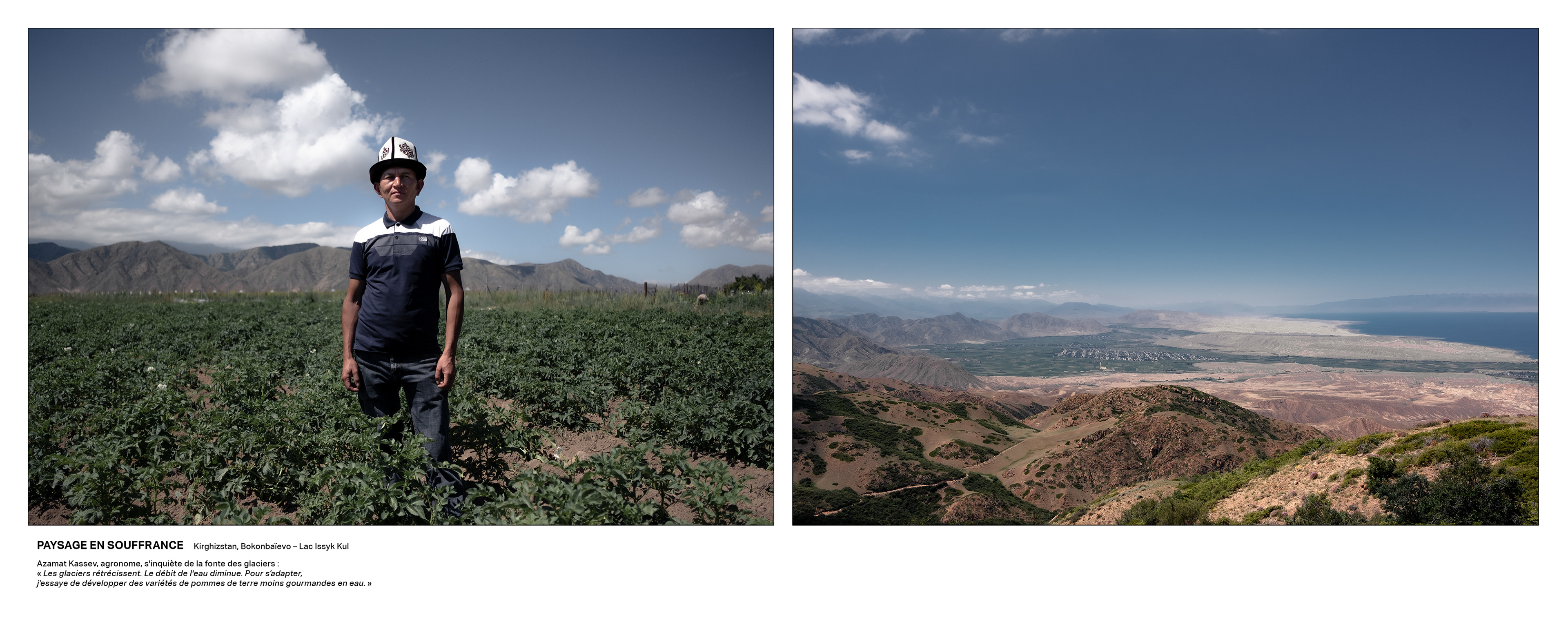 PAYSAGE EN SOUFFRANCE - Kirghizstan, Bokonbaïevo – Lac Issyk Kul - Azamat Kassev, agronome, s'inquiète de la fonte des glaciers : « Les glaciers rétrécissent. Le débit de l'eau diminue. Pour s’adapter, j’essaye de développer des variétés de pommes de terre moins gourmandes en eau. » © Martin Peterolff