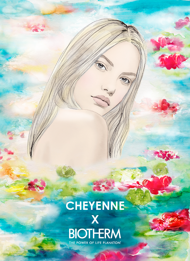 Beauty Illustration für das Kosmetikunternehmen BIOTHERM. Eine junge Frau mit blonden Haaren schaut über ihre Schulter nach hinten und sieht den Betrachter an. Die Frau ist hauptsächlich mit schwarzer Tusche gezeichnet und am Computer mit Hautfarbe nach coloriert. Sie steht in einem See mit angedeuteten roten Seerosen und Blättern. Das Wasser ist blau und grün angedeutet. Gezeichnet von Anna Schwarzer für BIOTHERM.