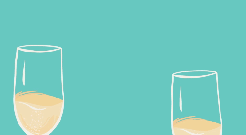 Animated illustration of bubbly champagne glasses toasting.