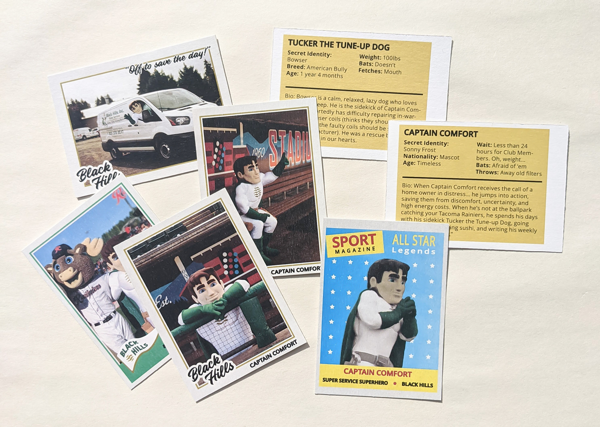 Connecting the customer to the Black Hills mascot was important for our representation out in the community. Baseball cards like these were a fun form of swag, as Captain Comfort could be seen at the Tacoma Rainiers baseball games.