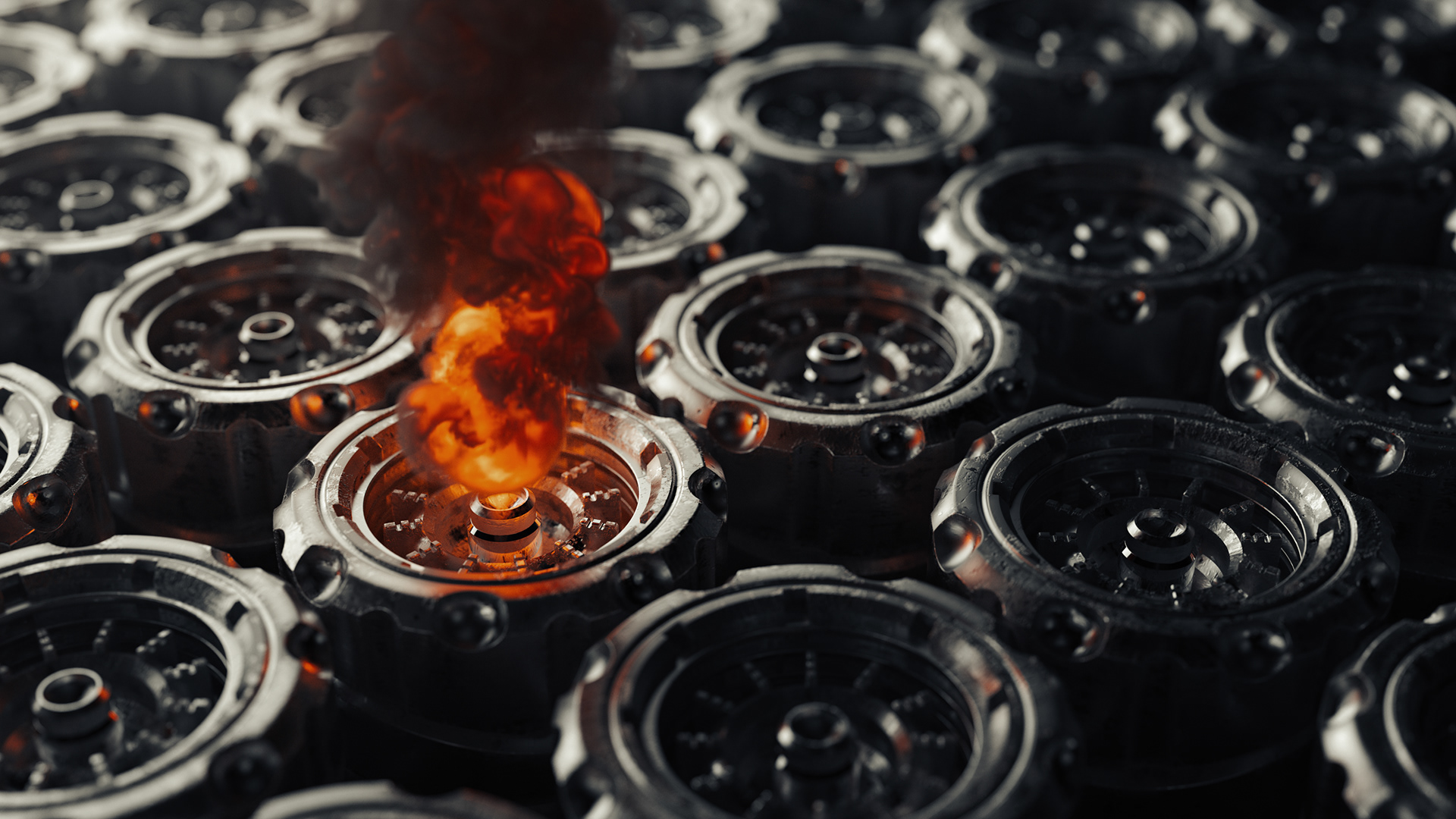 Fusion 360 CAD Hard Surface Mechanical Model, 3D, CGI render, fire volume, metallic