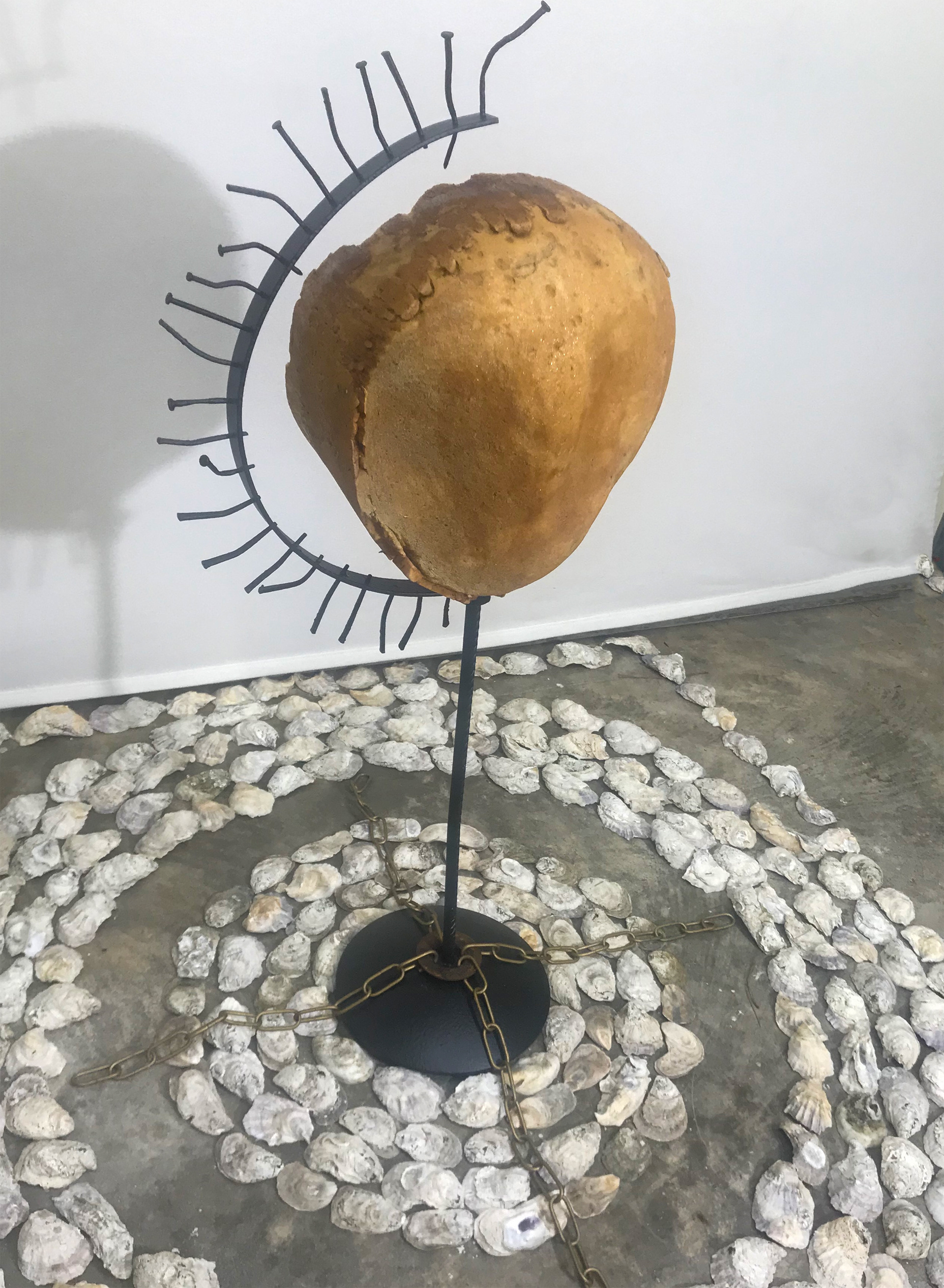 Pearl Dream, 2021, found buoy, steel, aluminum, rubber paint, concrete, oyster shells