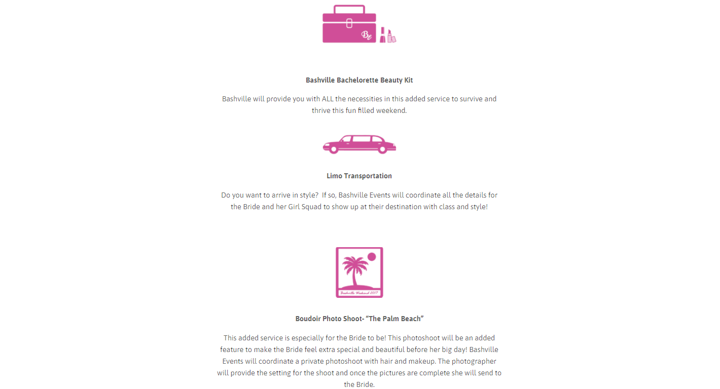 Website Content Arrangement Packages Page Part 9 for Bashville Events in Nashville, TN Copyright 2017-2018 Cityscape Creative