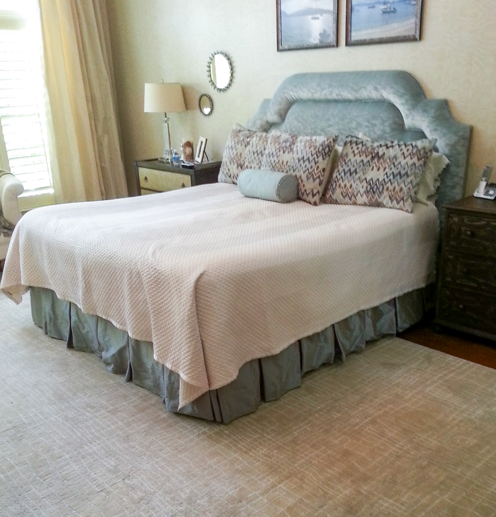 Personal Selections: Custom bedding and window treatments, paint colors, area rug, upholstery, and accessories. Other Selections: Client's existing pieces.