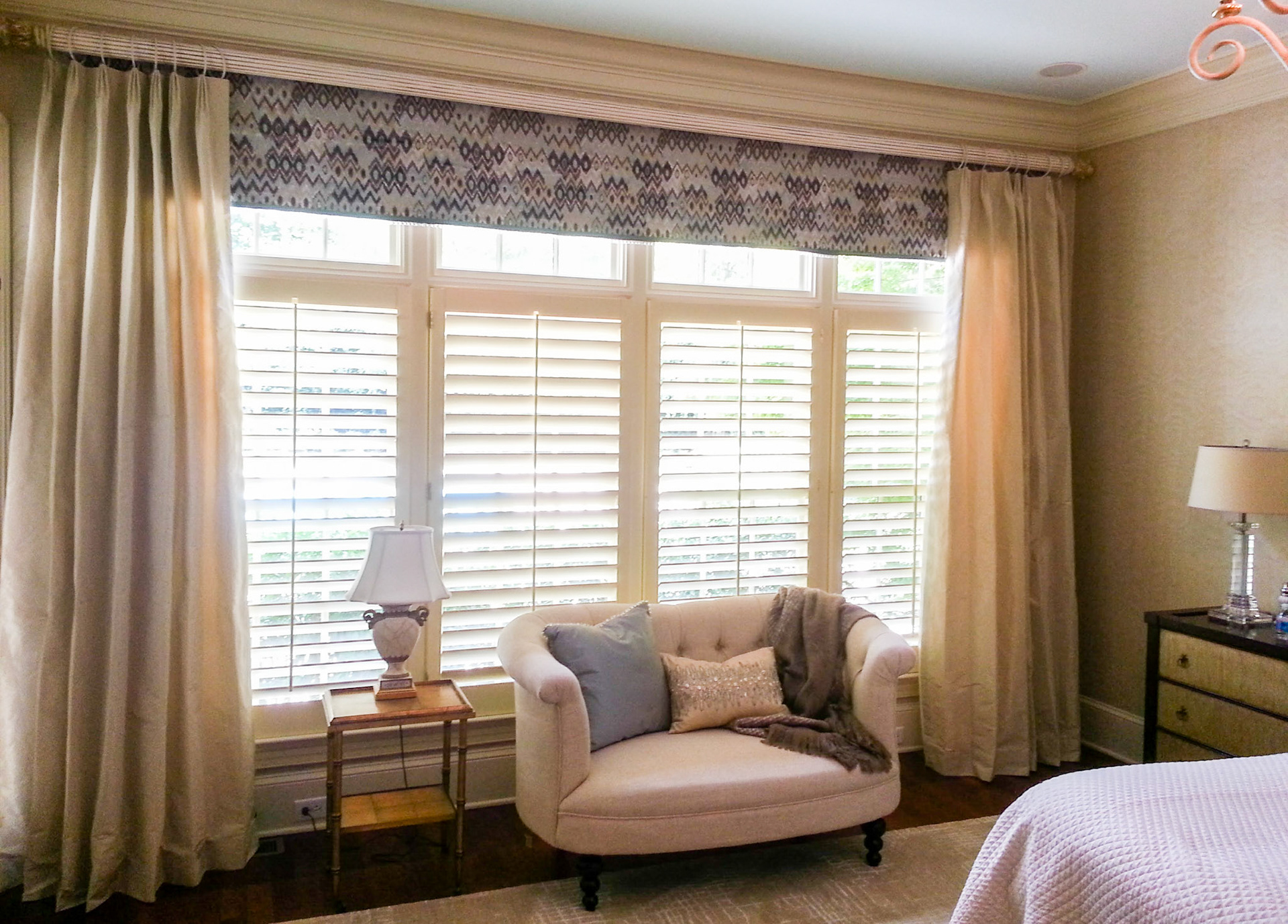 Personal Selections: Custom bedding and window treatments, paint colors, area rug, upholstery, and accessories. Other Selections: Client's existing pieces.