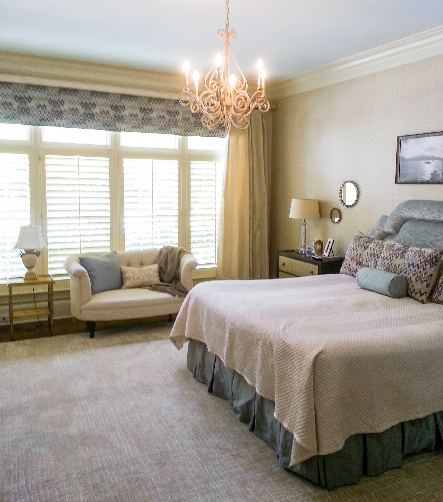 Personal Selections: Custom bedding and window treatments, paint colors, area rug, upholstery, and accessories. Other Selections: Client's existing pieces.