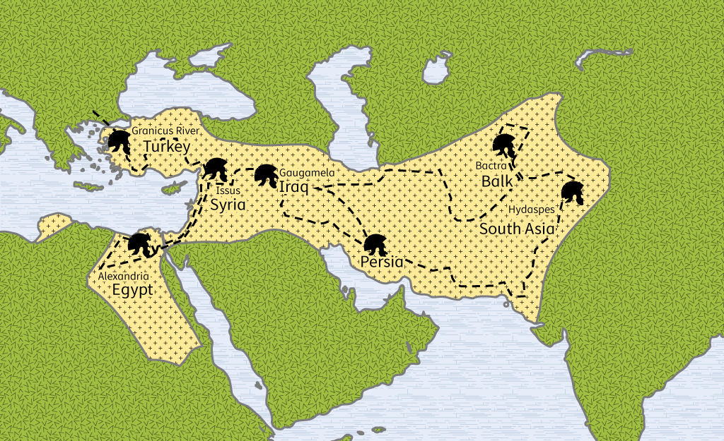 Interactive Map: a path is revealed as each icon is selected to illustrate Alexander the Great's path of conquest