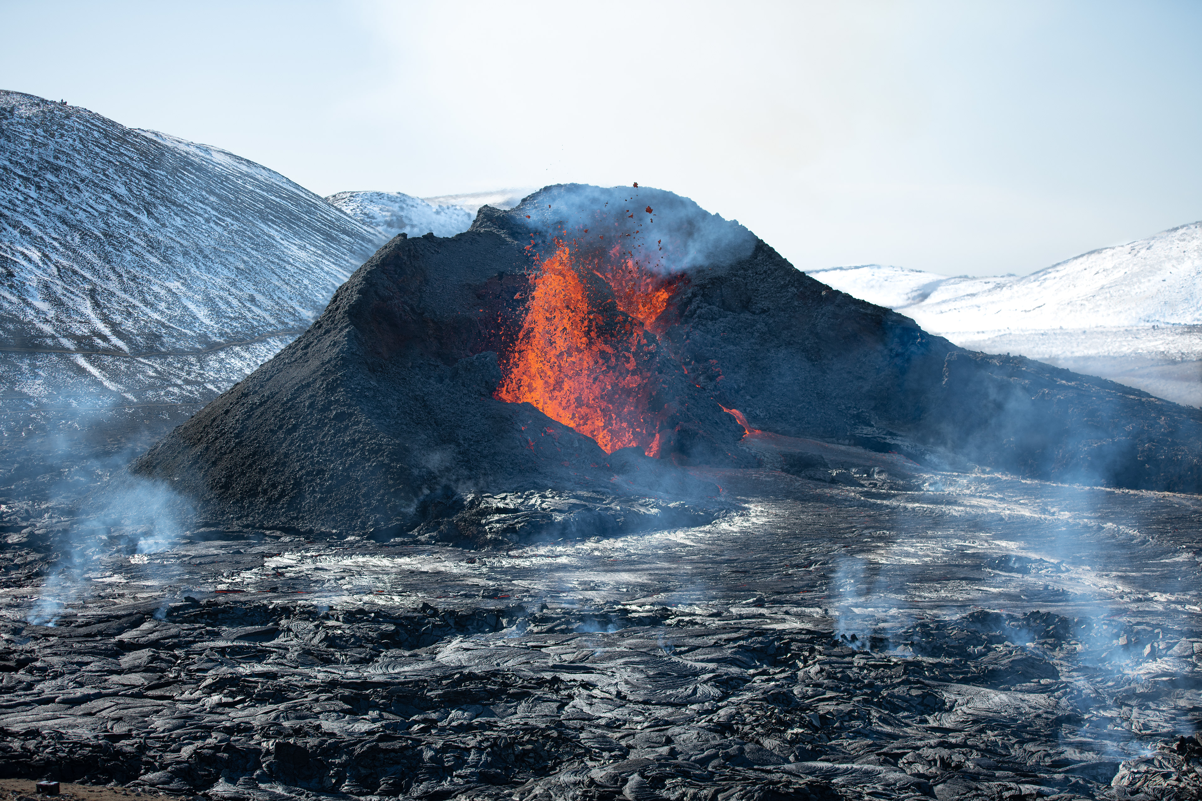 The two craters provide a steady flow of magma on the 12th day of the eruption
