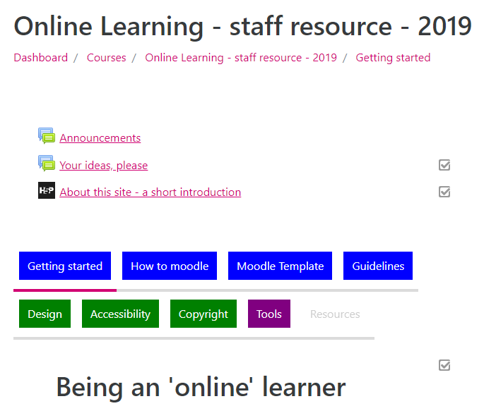 screenshot of online learning - staff resource homepage