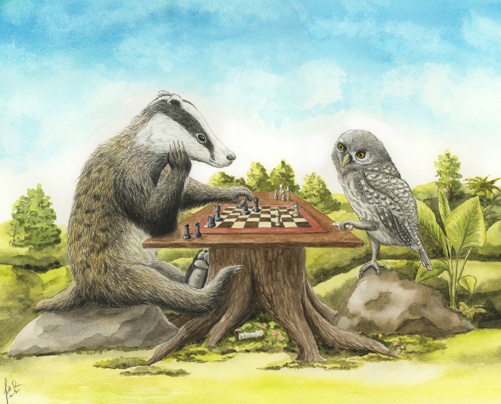 "Checkmate!" (Watercolor, 11 x 14)