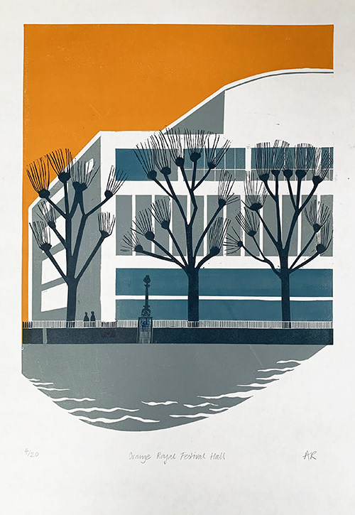 Linocut: Orange Royal Festival Hall