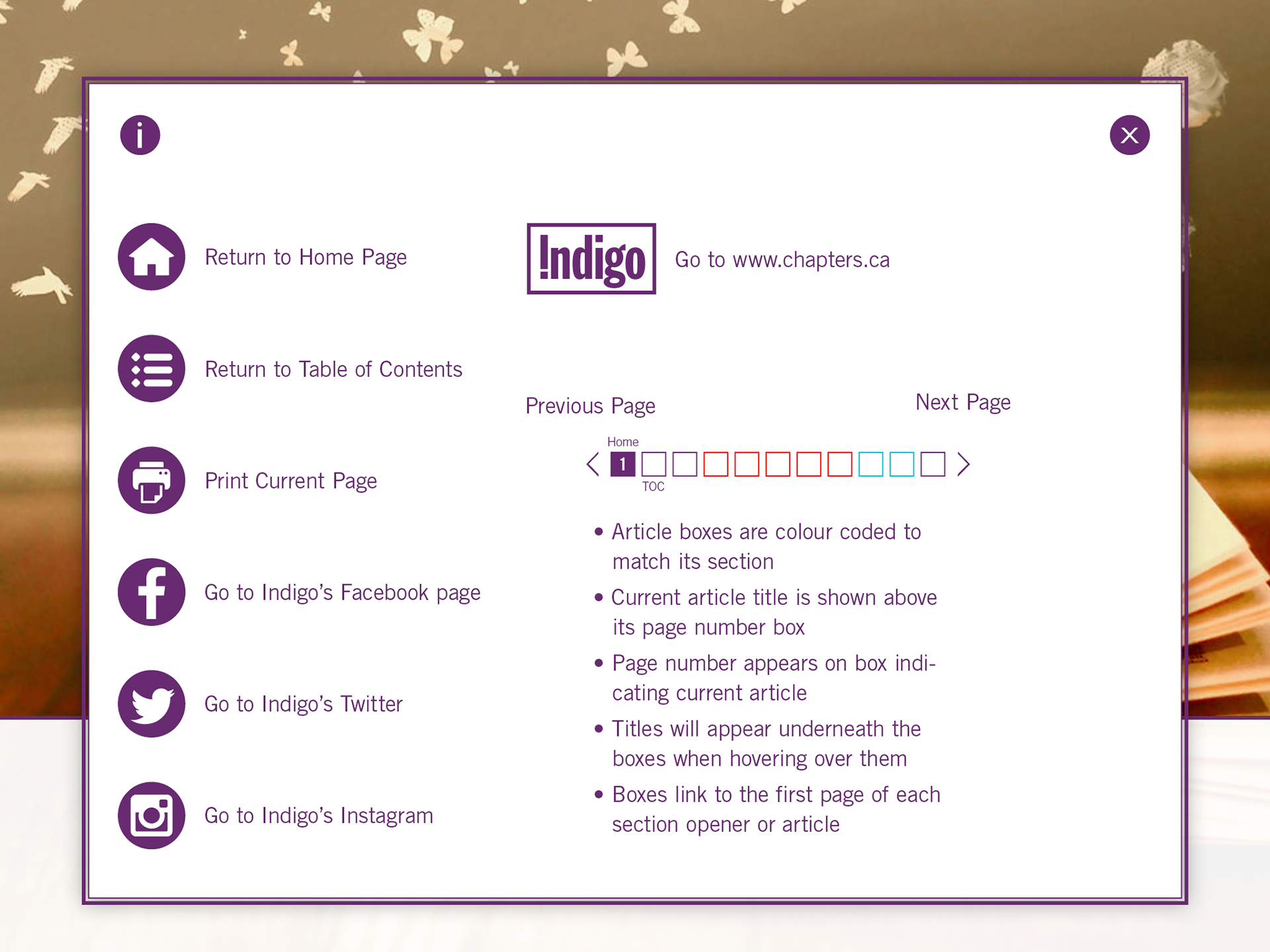 Info menu that explains the functions of the various buttons.