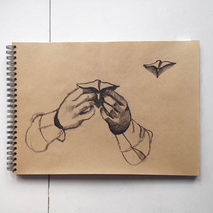 "Jeux de main", fusain sur papier craft, 20 x 30 cm
