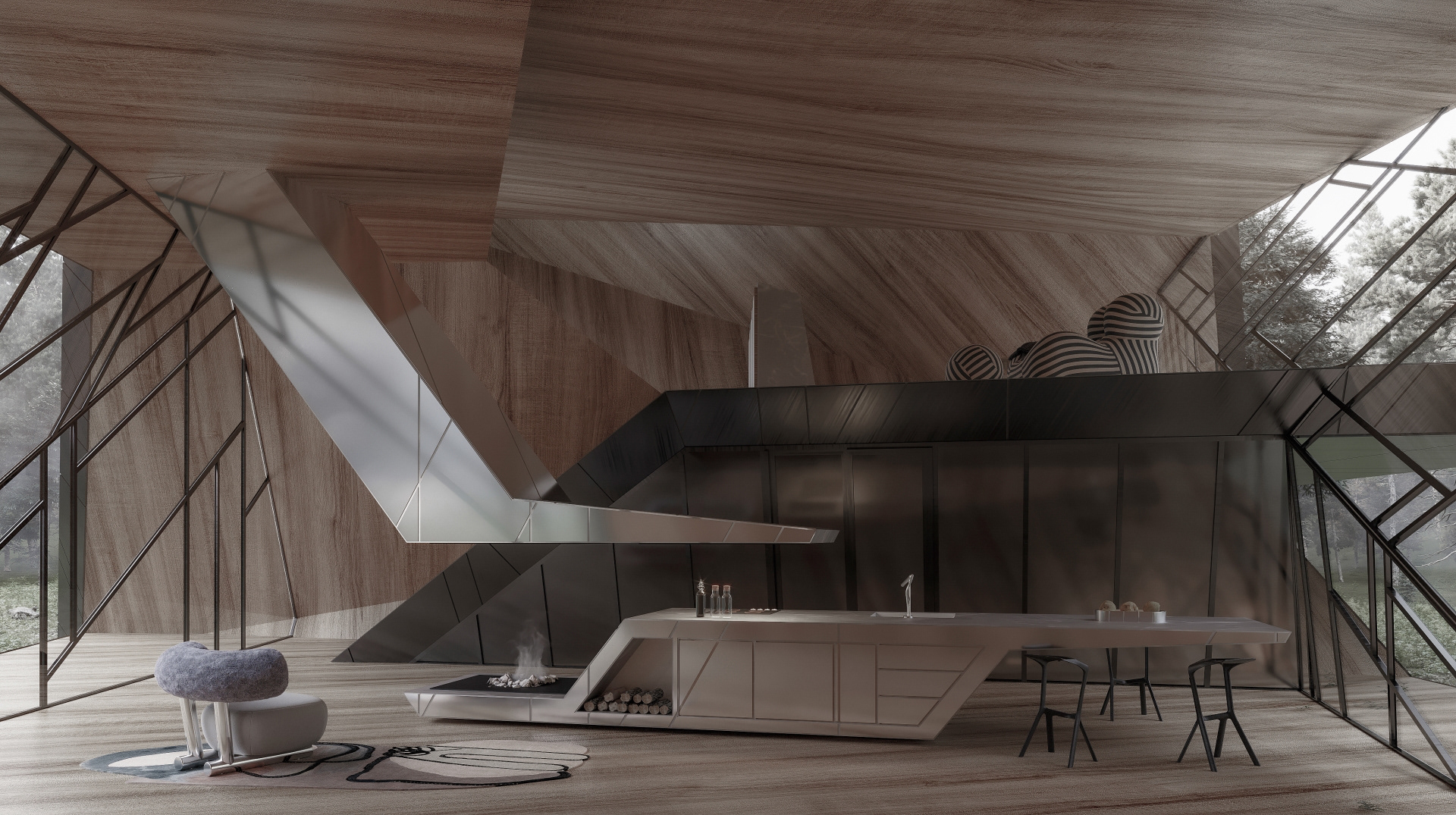 blackbird - interior design of the house with metal and aluminum materials