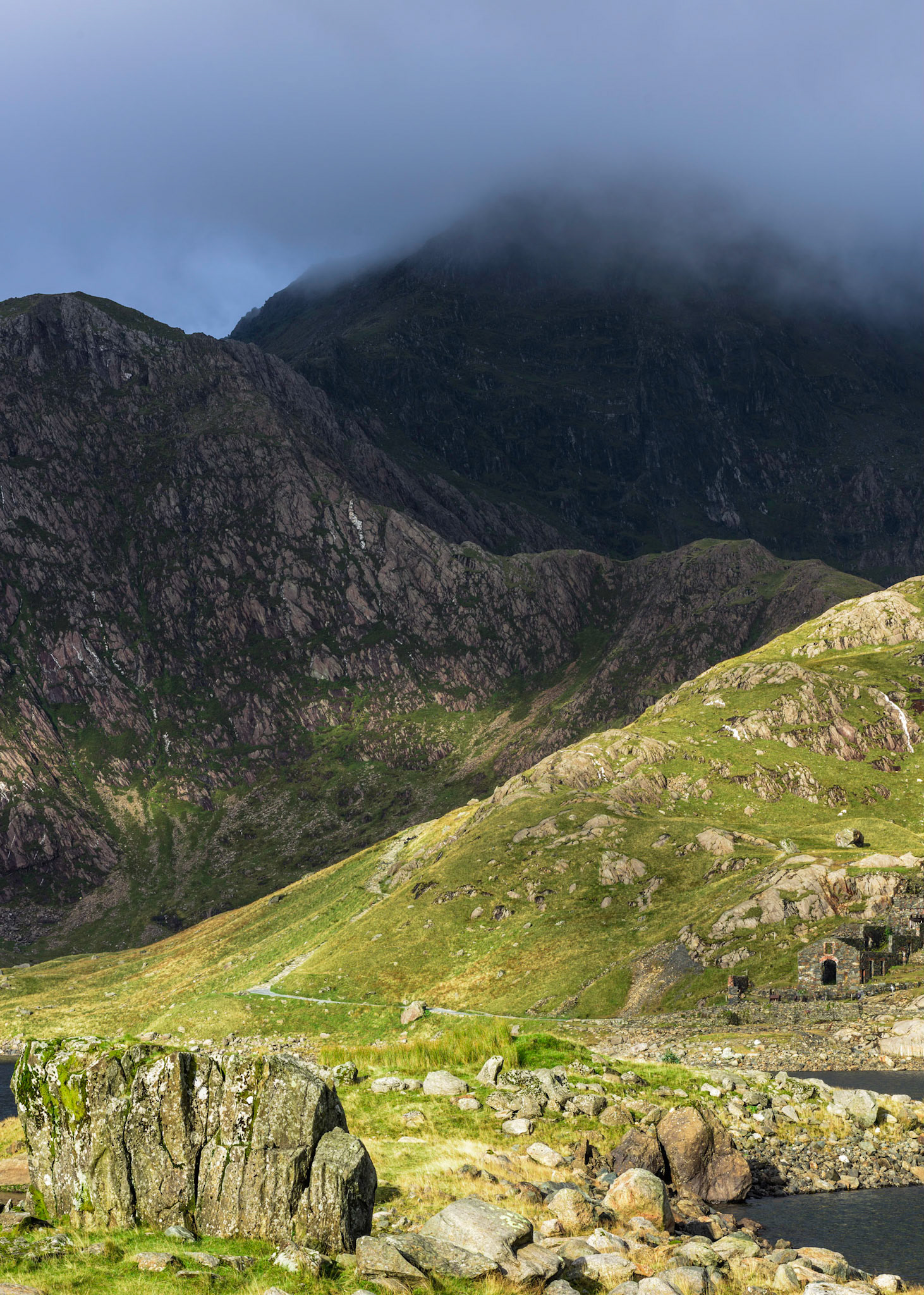 Brittania Copper Mines buildings on the Miners Track, Llyn Llydaw, Snowdonia, Wales, UK