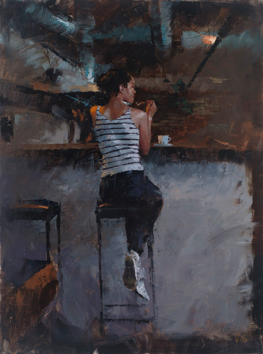 BAR SCENE XII "WOMAN WITH STRIPED SHIRT", 2020, 80x60 cm,