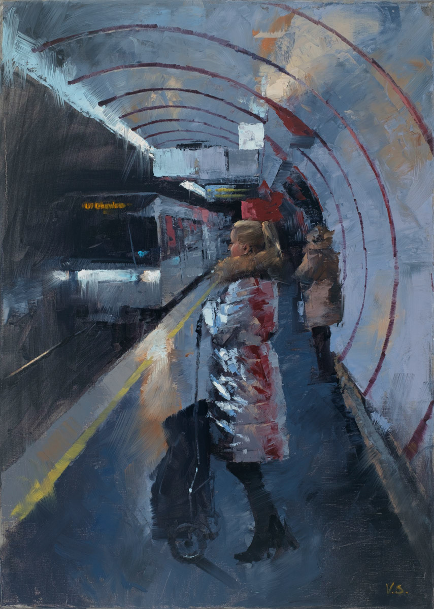 SUBWAY SCENE III "WOMAN WEARING SILVER COAT", 2020, 70 x 50 cm