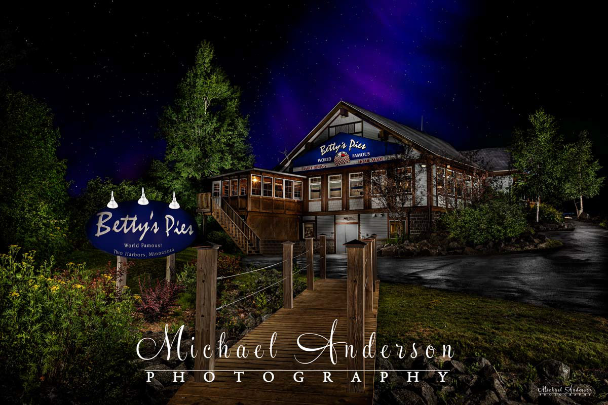 A cool light painted photograph of World Famous Betty's Pies in Two Harbors, Minnesota. The aurora borealis, aka the Northern Lights, are also in the stunning photograph.