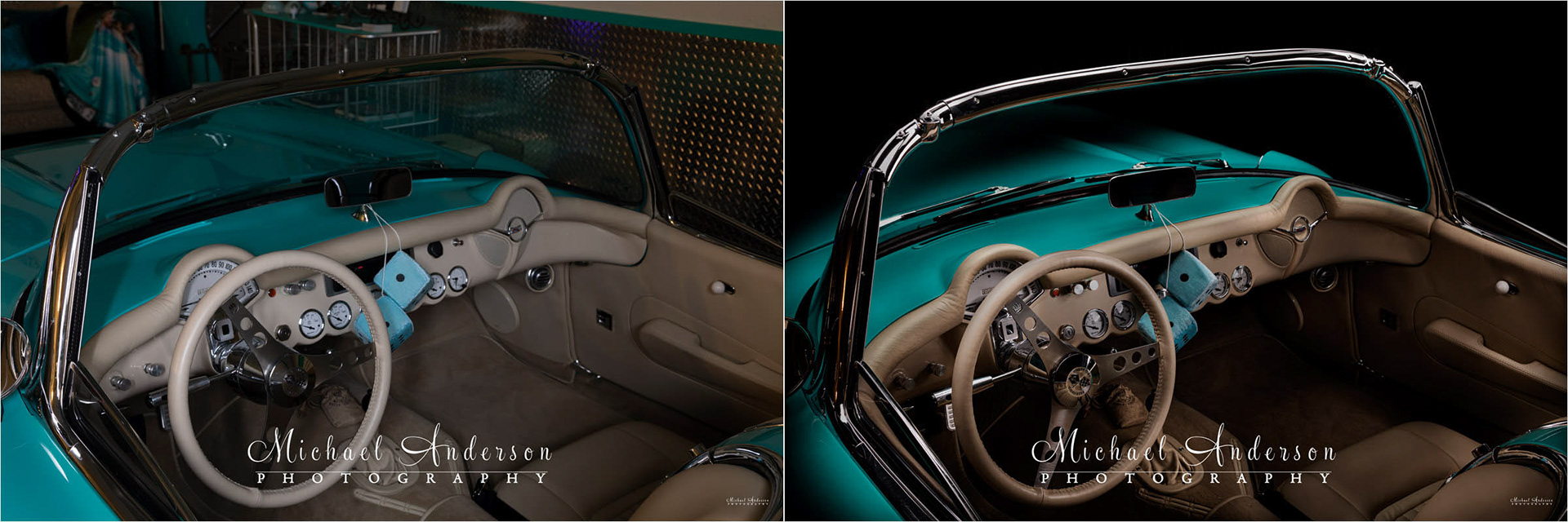 A before and after light painted photo of a 1957 Cascade Green C1 Corvette Convertible's interior.