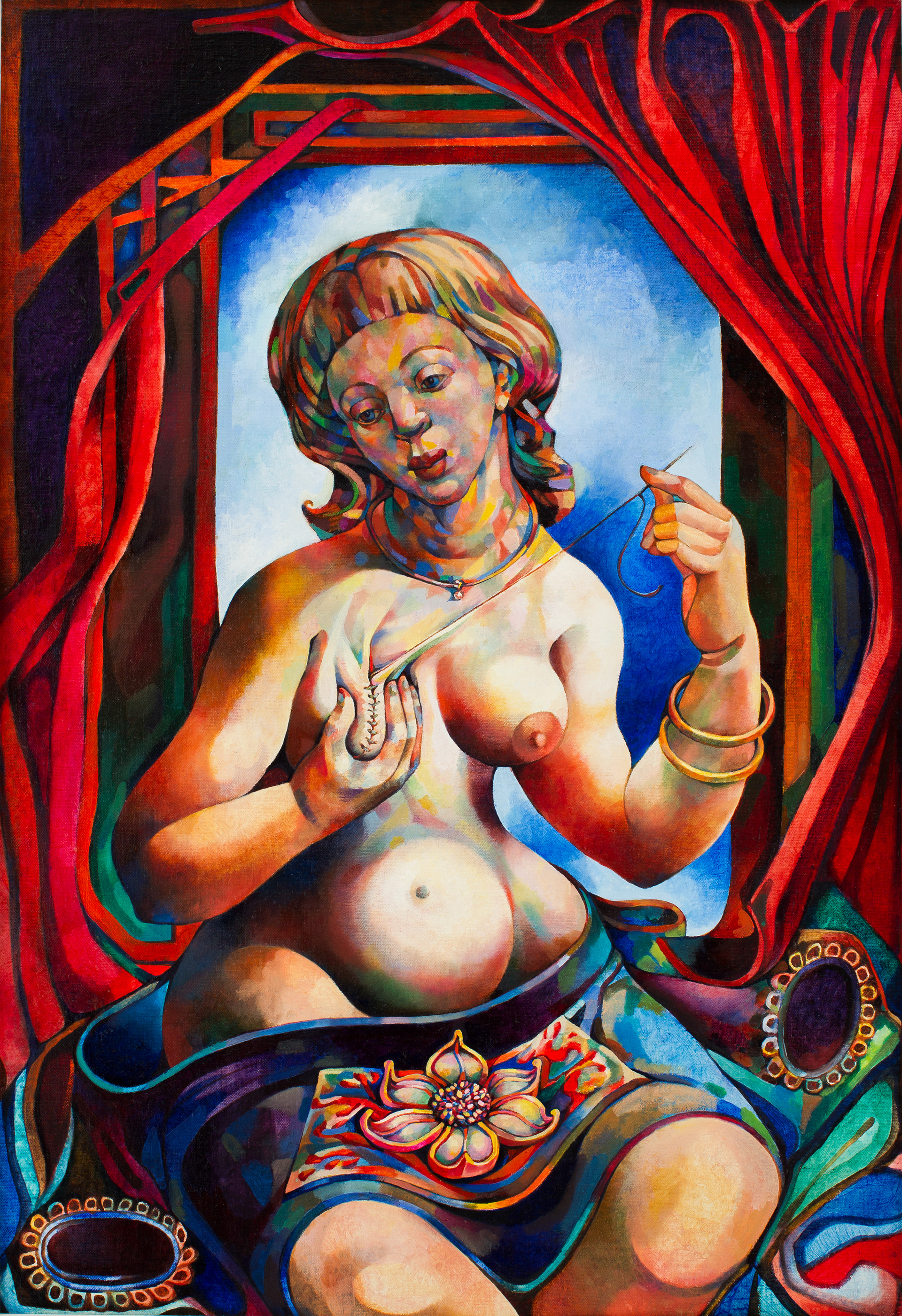 A Woman Stitches her Breast