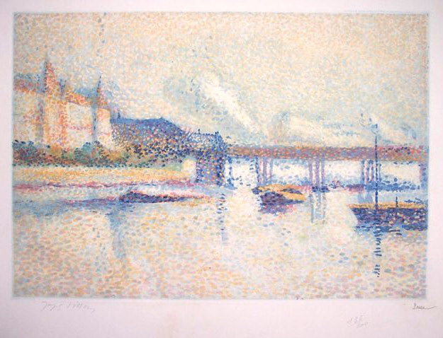 “Les Londres” Etching Aquatint (After the Painting by Maximillian Luce), c.1928, Edition:200, Publisher: The Louvre -Paris; Hand Signed in Pencil by Luce & Villon, Image: 14.25 x 20.25”, Please Inquire