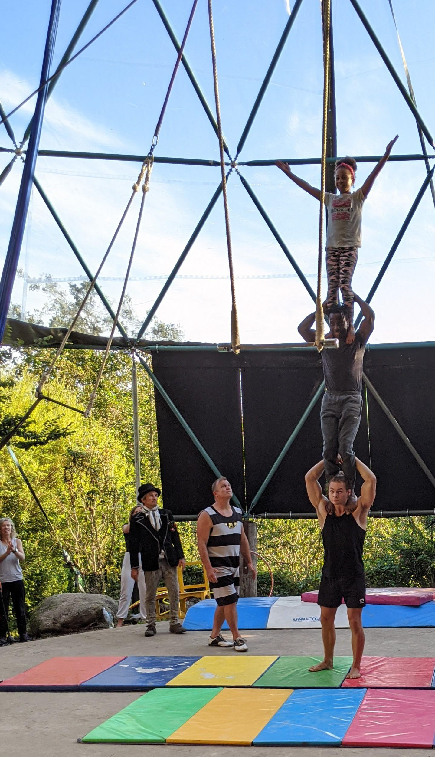 Acrobats in zero emission dome: The Chyan Plen ( Home Space) is a 250 seat community training and performance space run by a wind farm and zero emission minibus transport. The dome is in the centre of Chyan Cultural Centre a community field, environmental centre and organic farm with wild camping.The space is used for a BTEC course in Organic Horticulture, sustainable building and performance arts.