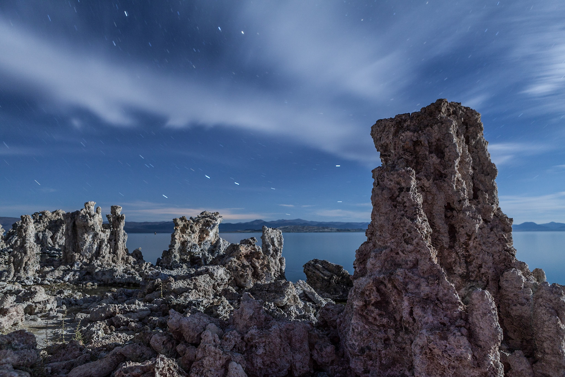 A nighttime image of the tufas at Mono Lake with big dipper in motion (that barely makes it above the horizon....)