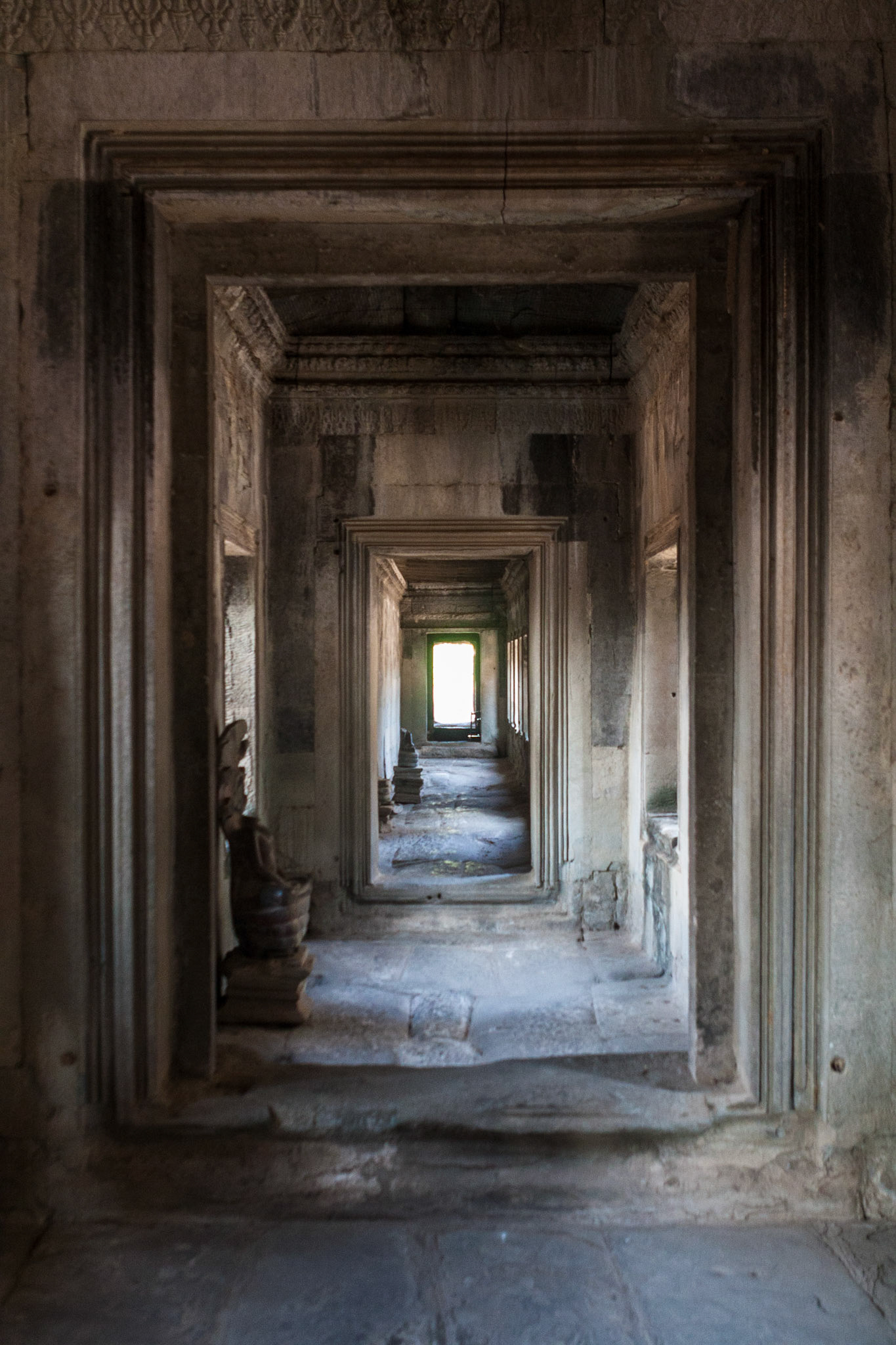 Long and empty gallery on the lower level of the Angkor Wat Temple in Siem Reap, Cambodia