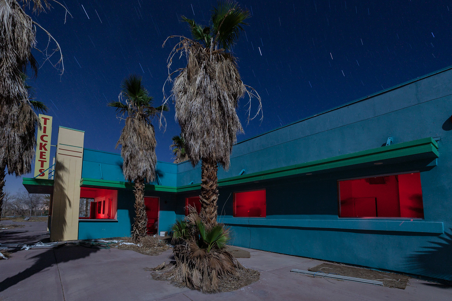 Lots of moonlight and some light painting during a night time photograph in an abandoned water park near Barstow