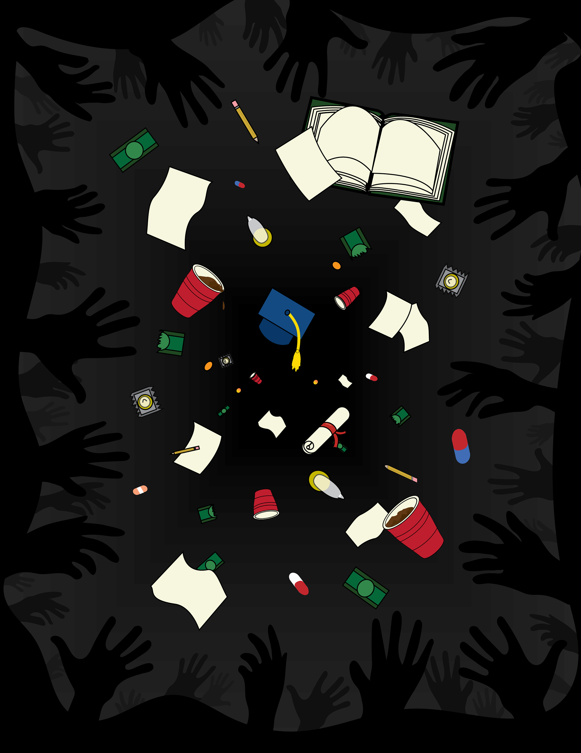 The piece represents the struggles college students go through. From finances to relationship issues students are exposed to new problems and are forced to work through them in order to achieve their goal and graduate. Both of the pieces show hands reaching out for help to really show how overwhelming these things can be. 