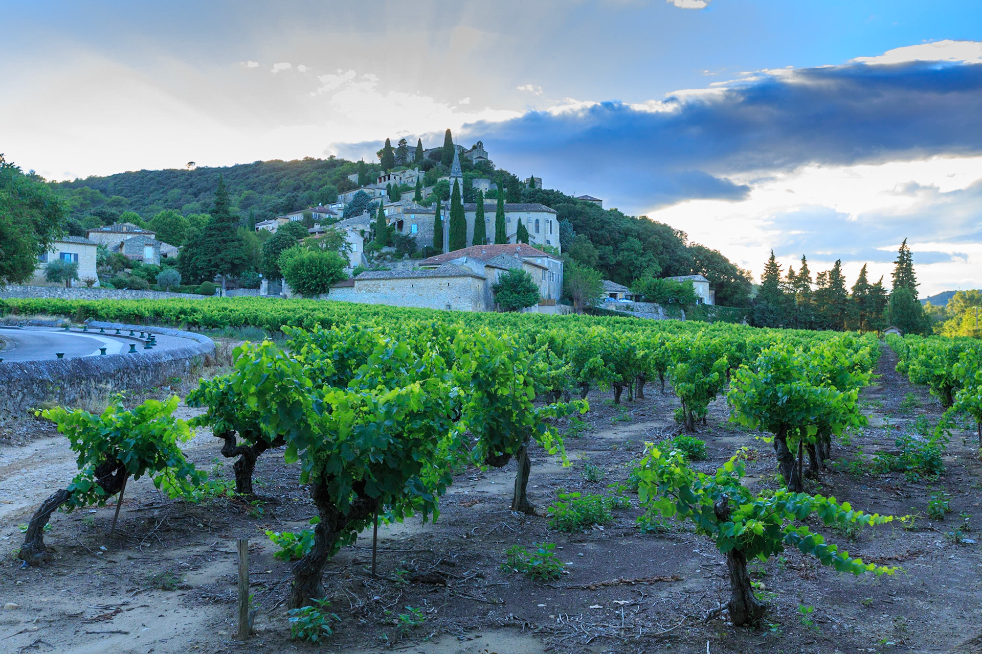 GARD (30) LA ROQUE SUR CEZE LES PLUS BEAUX VILLAGE DE FRANCE LE VIGNOBLE ET LE VILLAGE, LA CHAPELLE // FRANCE. GARD (30) LA ROQUE SUR CEZE LES PLUS BEAUX VILLAGE DE FRANCE LE VINEYARD AND THE VILLAGE, THE VAULT