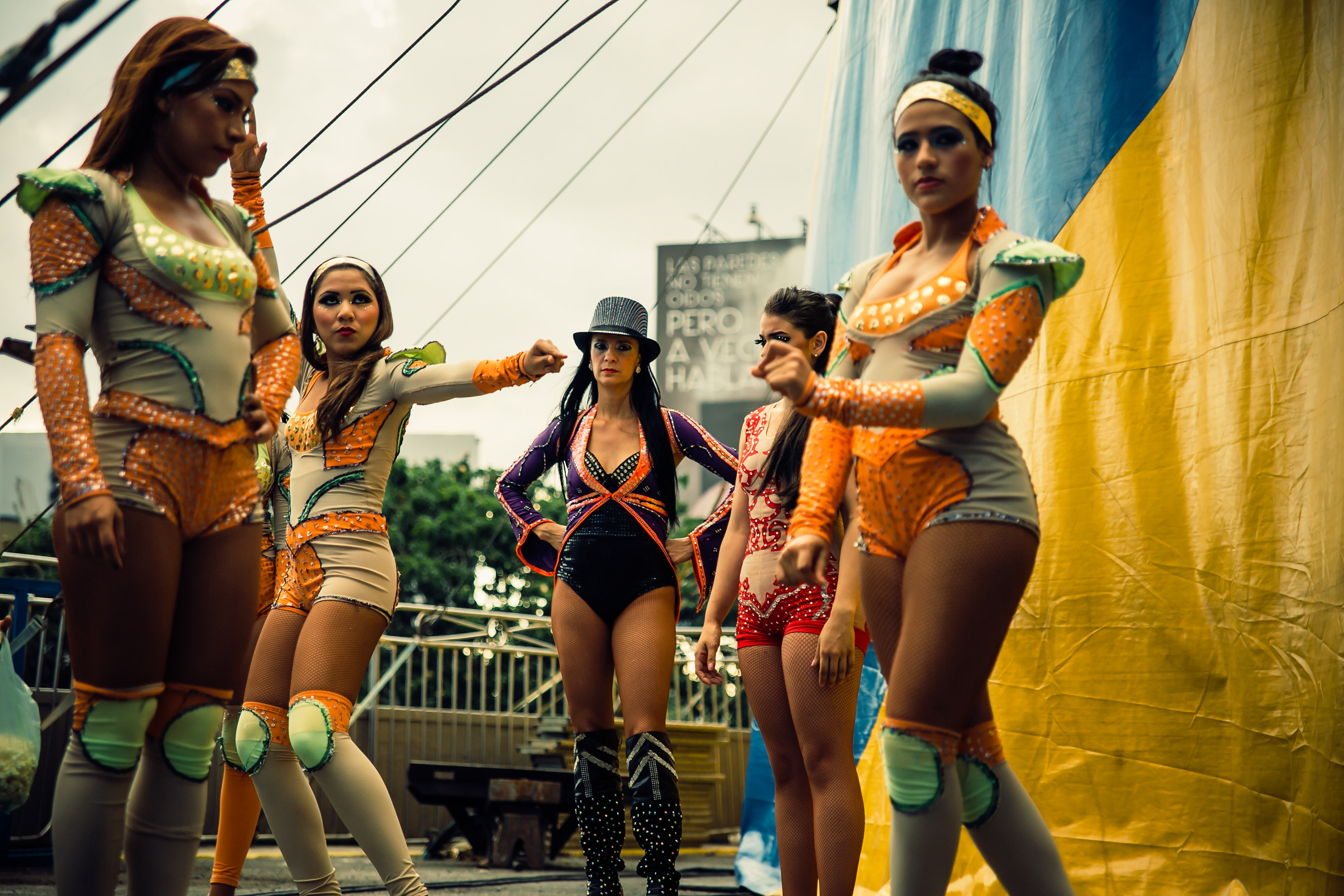 The dancing crew of the circus practices before the show. Caracas 2015