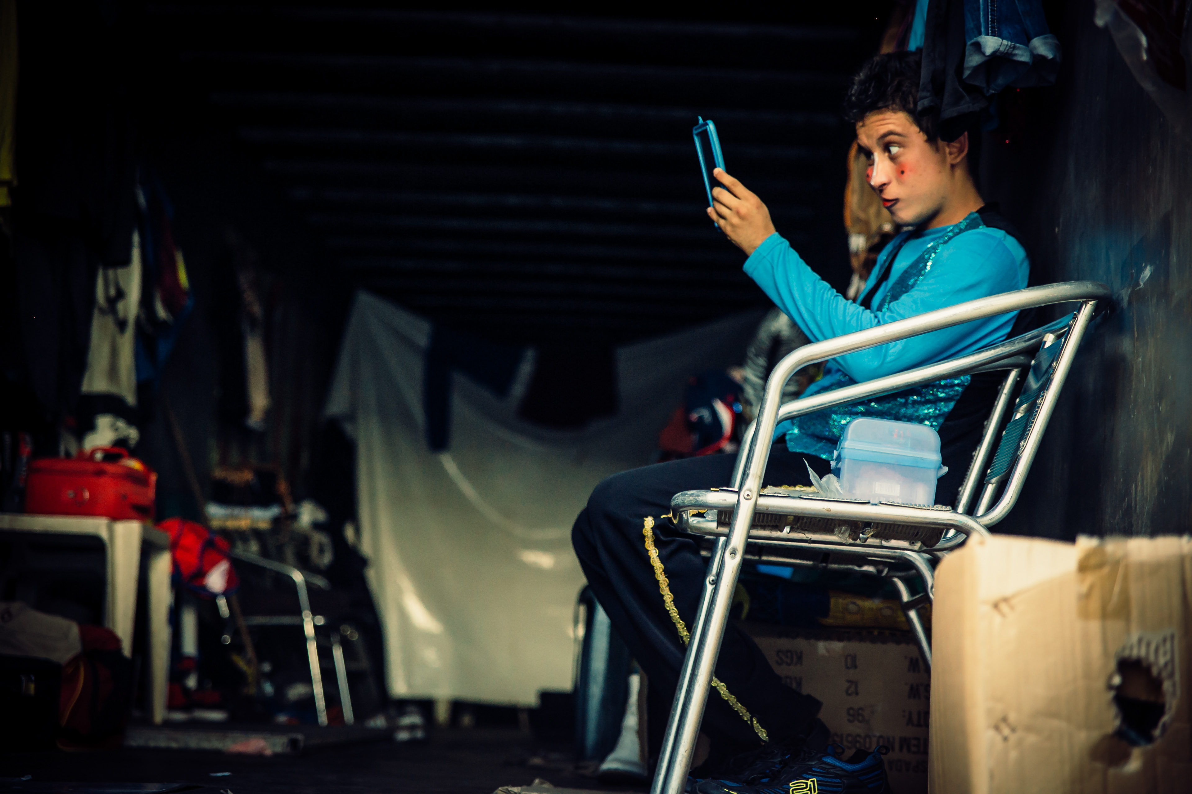 One of the clowns putting makup and rehearsing for the show. Caracas, 2015