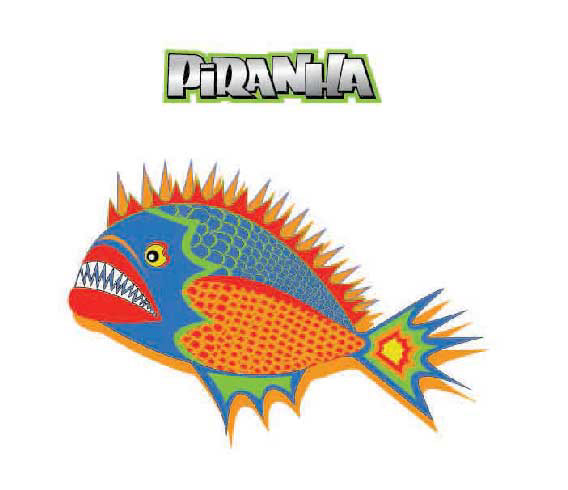Piranha log with graphic piranha graphic in bright colors