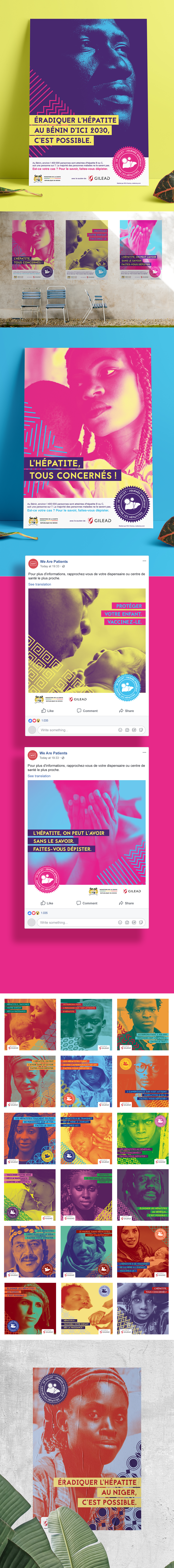 Différentes mises en situation de la campagne de prévention contre les hépatites au Bénin. Les affiches sont présentées ainsi que les visuels réseaux sociaux (facebook).