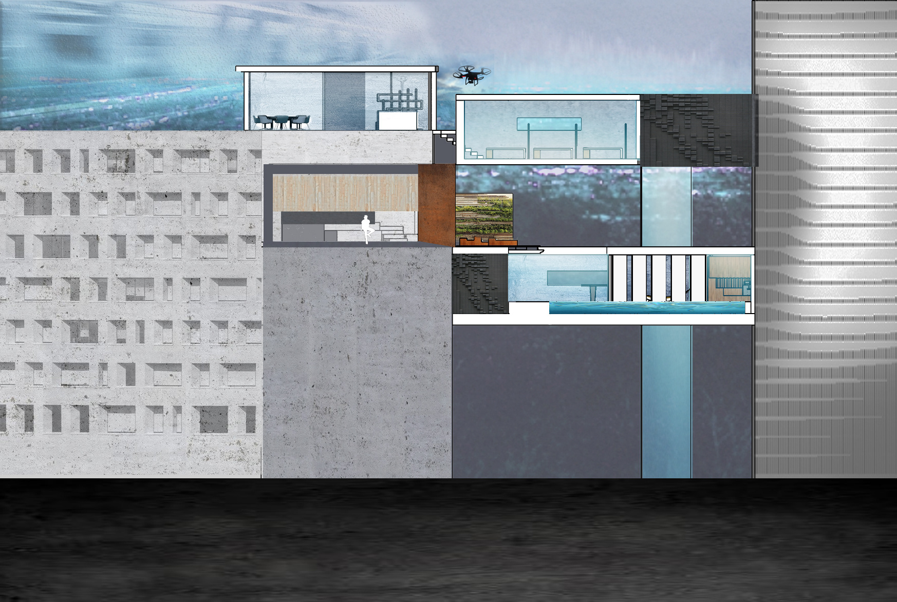 The concept behind Mind the Gap explores typologies that can adapt to urban density, the shared economy and shifting work environments by creating opportunities by filling the voids in the current urban fabric or adding prefab extensions. By not having a building footprint per say it also allows permeability through the bottom floor creating an urban oasis below. By raising the groundfloor, it is also resilient from rising sea levels and storm surge which an imminent threat to many of the megacities of the world. Co-housing is an innovative way to tailor the needs of a fast evolving digital society with similar values and interests. This also encourages more sustainable behavior by reducing energy consumption, material waste and goods. Individual ownership is a declining practice due to the economy and social trends however having open living spaces is necessary in a society that has created a new paradox of being more connected yet more isolated than ever. In 100 years, we may have drones that cater to our every need, 3d printers, holograms, more medical technology and robots so the concept "Mind the Gap" aims to foster inclusion and connectivity as it offers both rooms and studios that are accessible by the roof garden or the workspace.
