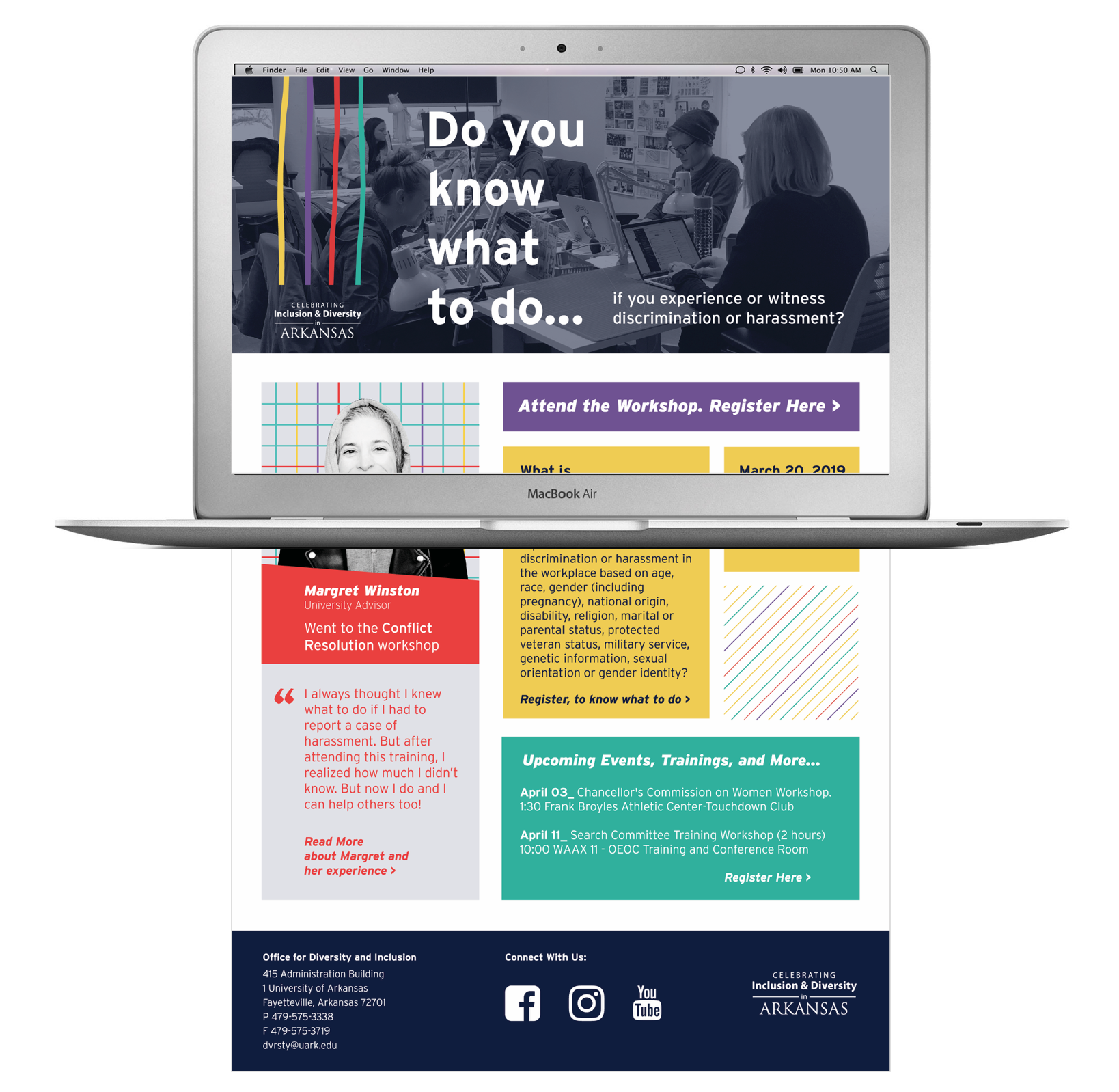 Newsletter emailed to faculty/staff; correlating with the printed flyer also including a testimonial (linking to the website) and then a condensed list, 2-3 upcoming events