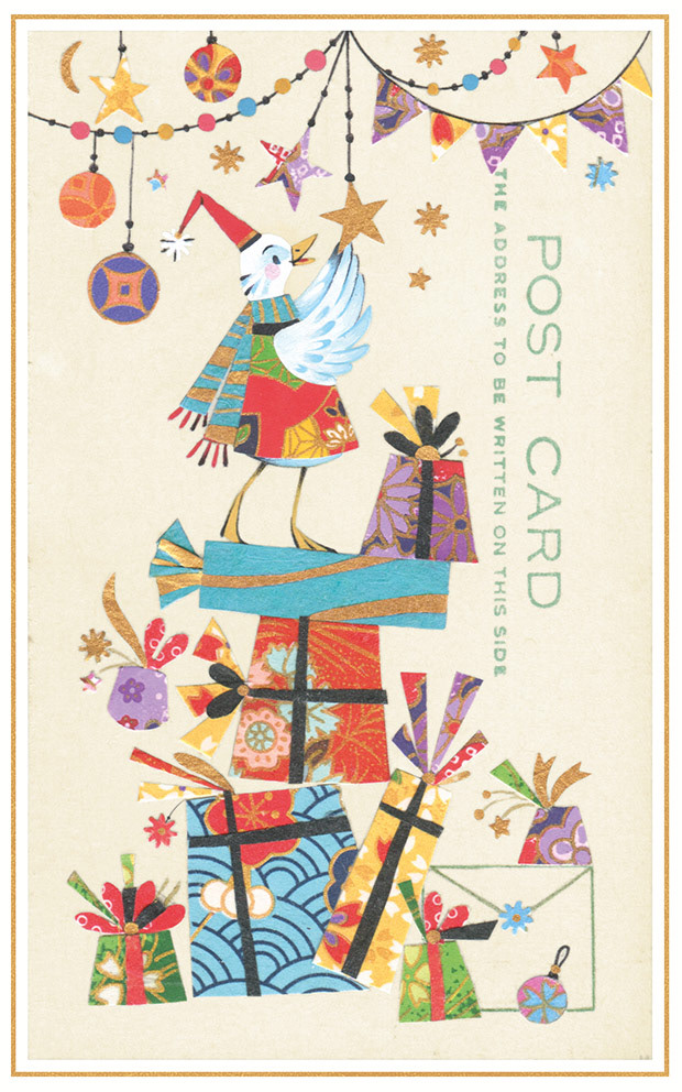 Illustration of a baby duck standing on a pile of Christmas presents, adding decorations. Golden stars, baubles and bunting. Gouache, washi paper and collage over a vintage blank postcard. Illustration by Gaia Bordicchia