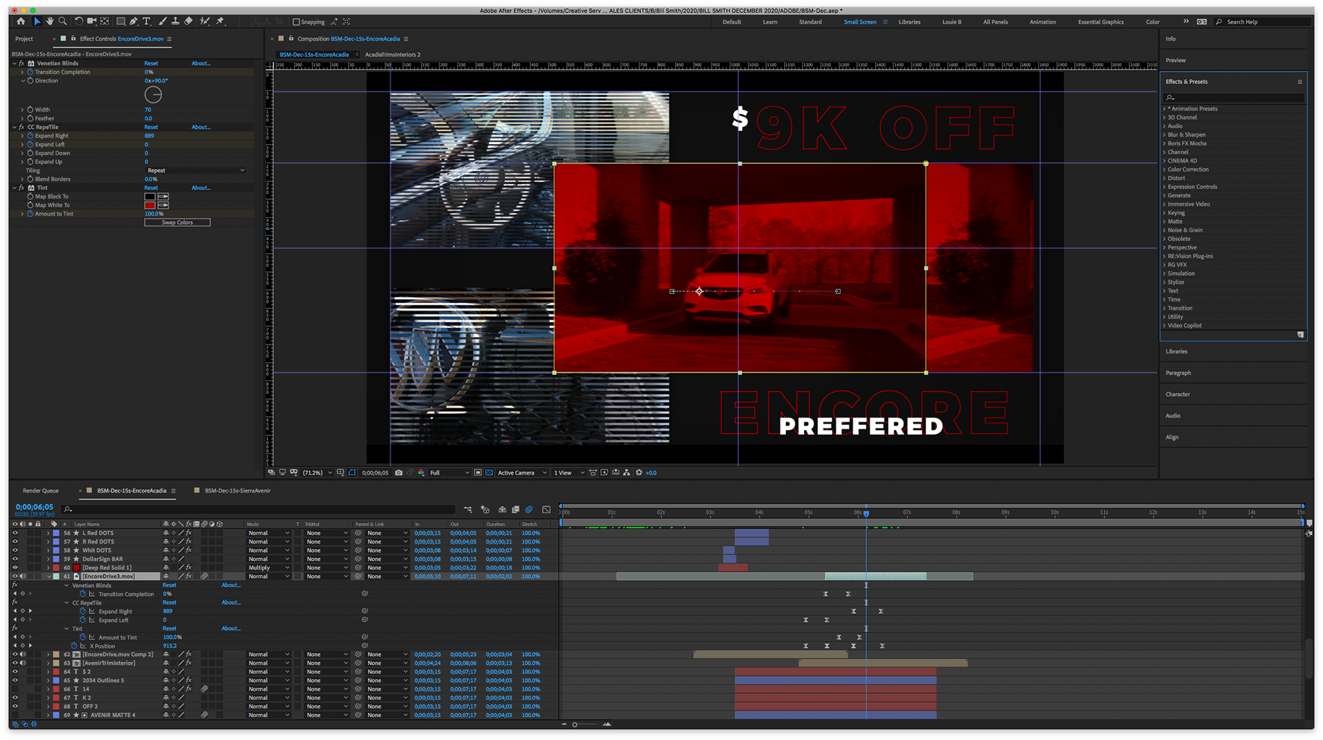Working on basic position keyframes mixed with repeater and tint effects.