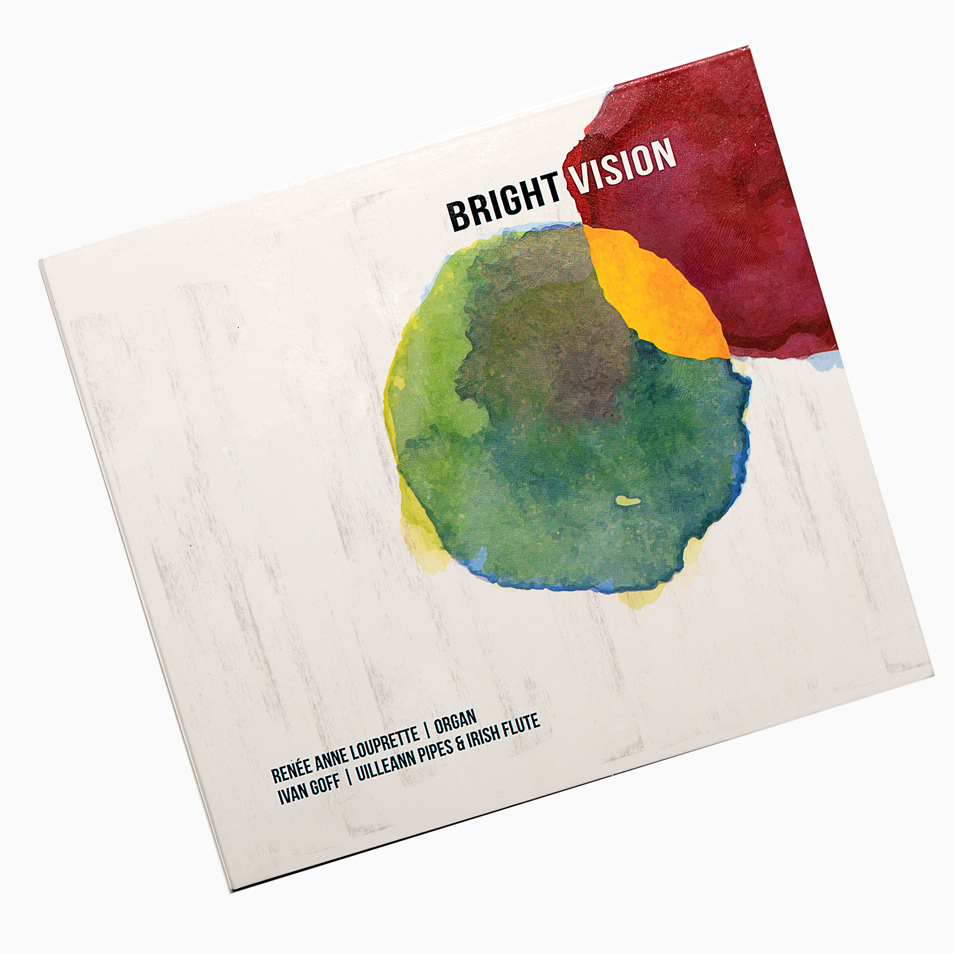 Ivan Goff and Renee Anne Louprette's "Bright Vision." This recording features uilleann pipes and pipe organ, making it pretty difficult to represent visually in a literal fashion. Ivan and Renee wanted something bold and modern to reflect the innovative nature of their project.