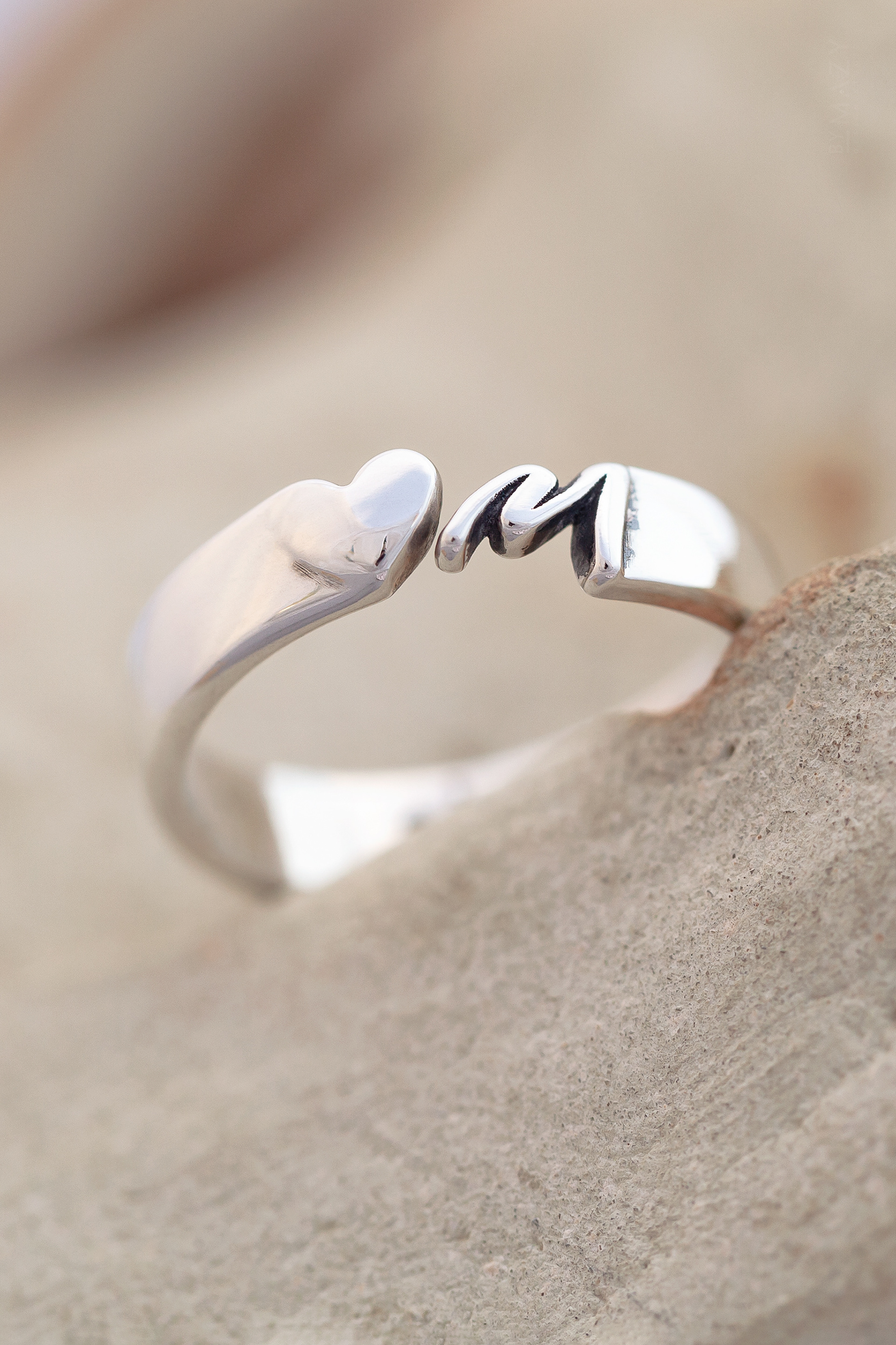 Personalized Letter Initial Dainty Heart Open Adjustable Ring Sterling Silver