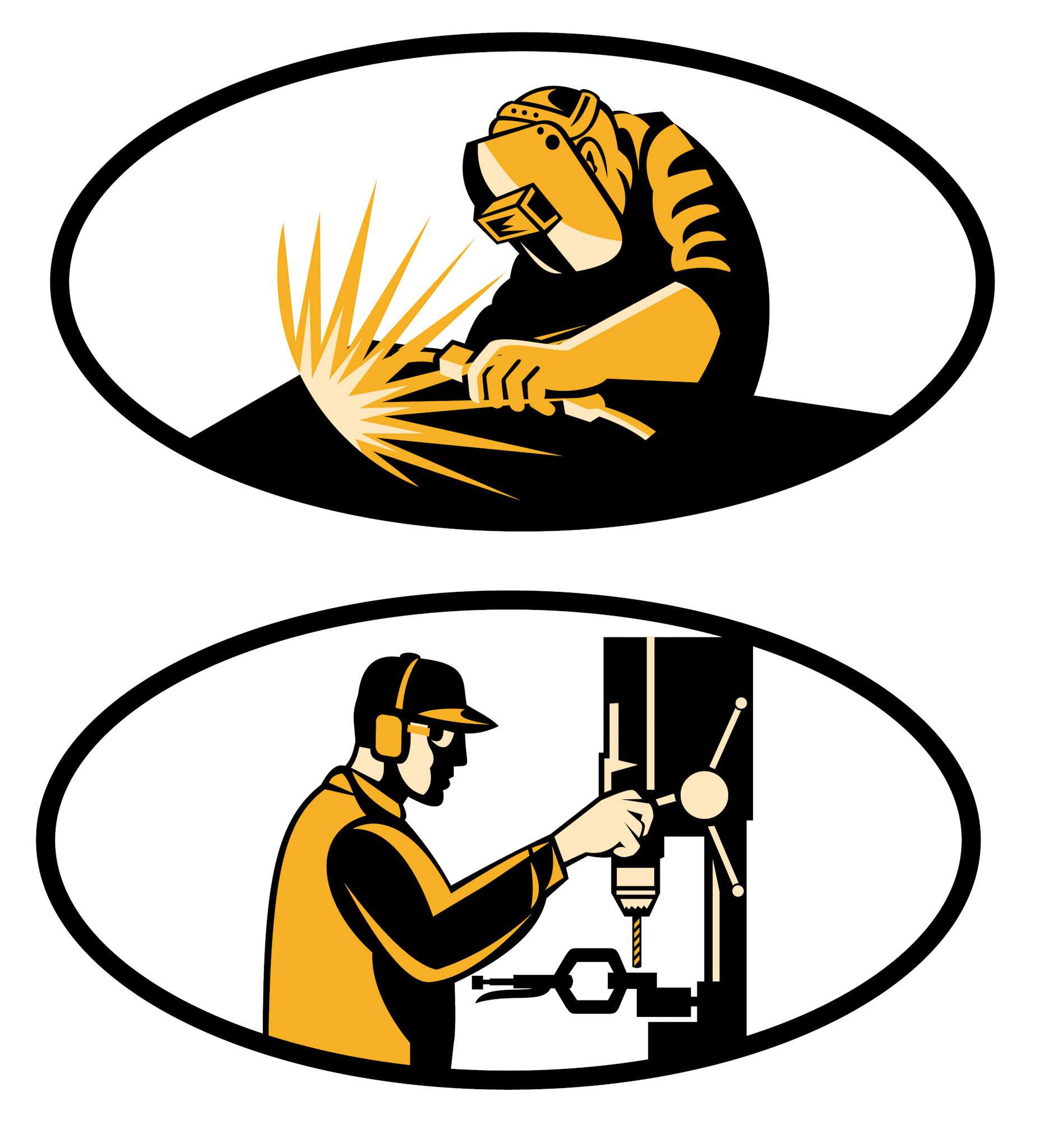 Illustration of a factory worker operator operating working with drill press viewed from side done in retro woodcut style set inside square.