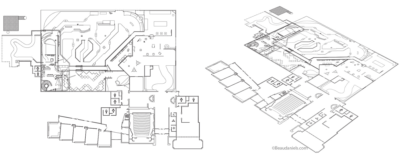 Royal Tyrell Museum. The drawing on the right is the plan view we drew in illustrator, it perspective was then twisted to produce the drawing on the right. This was then the basis for the painting