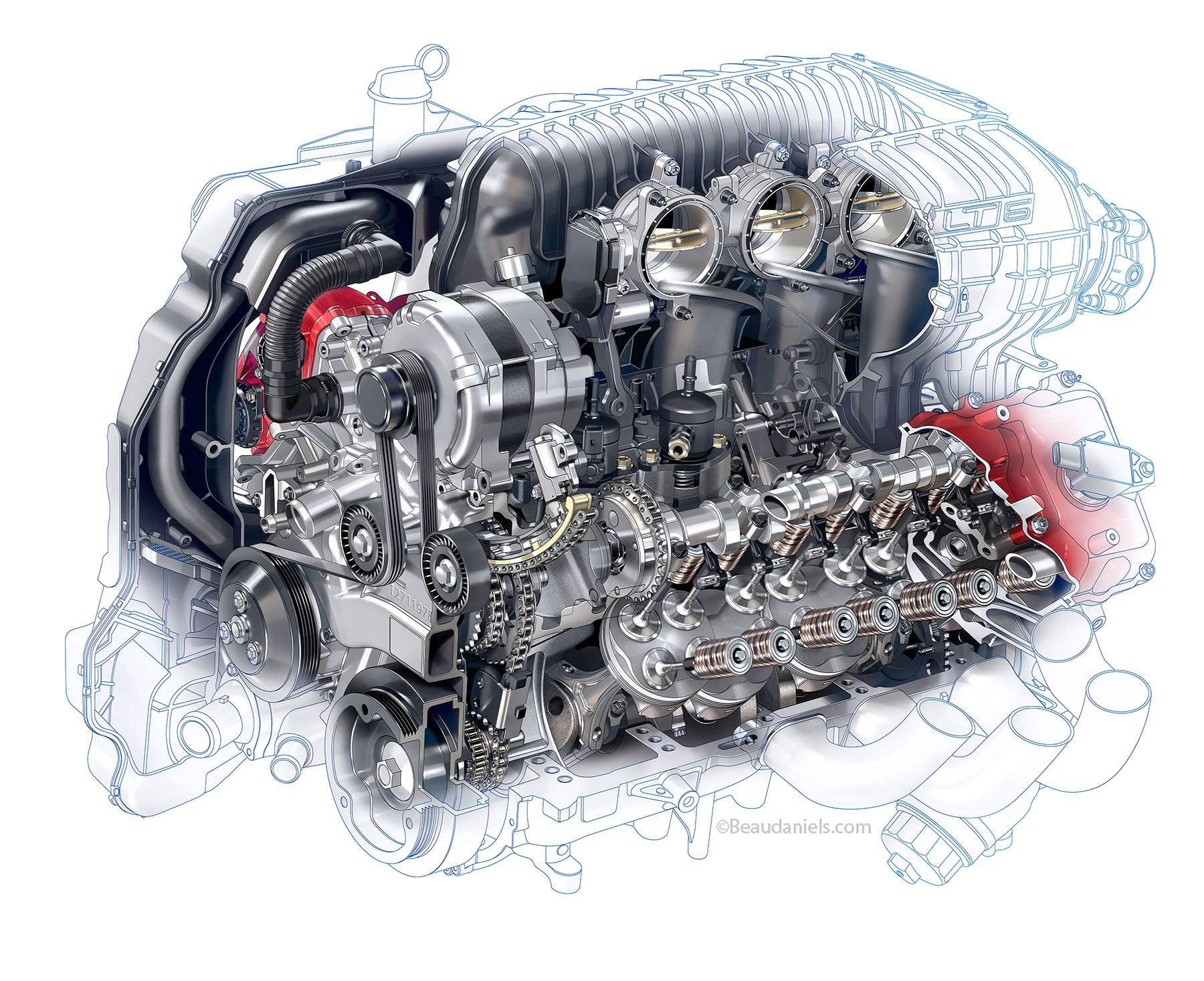 Corvette Z06 engine cutaway for Road and Track