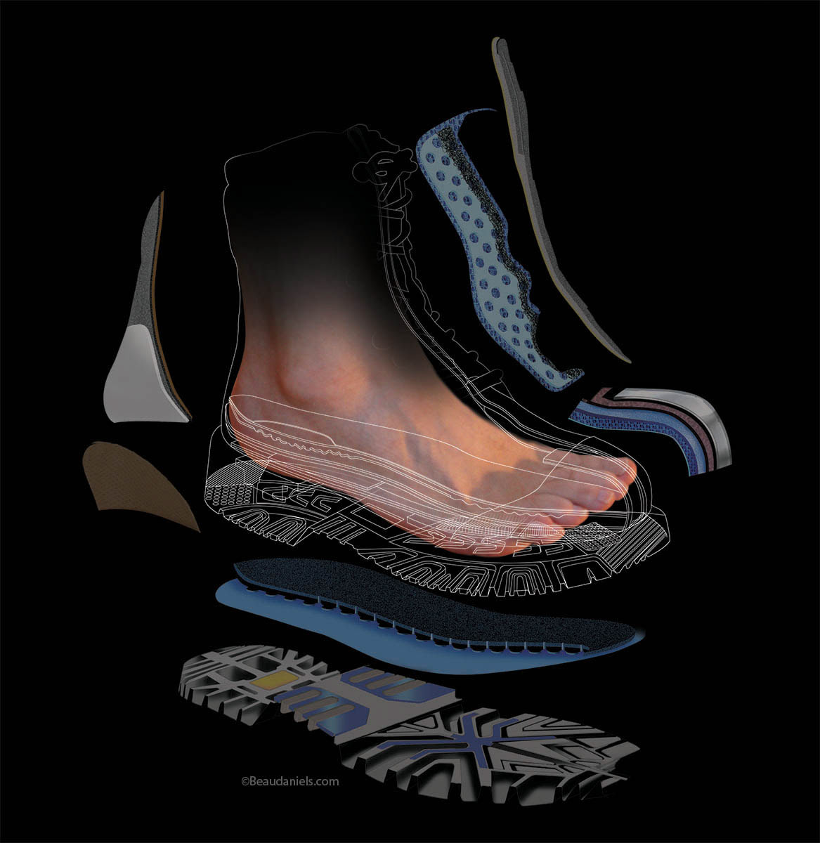 Exploded style technical illustration for Dakota Boots.